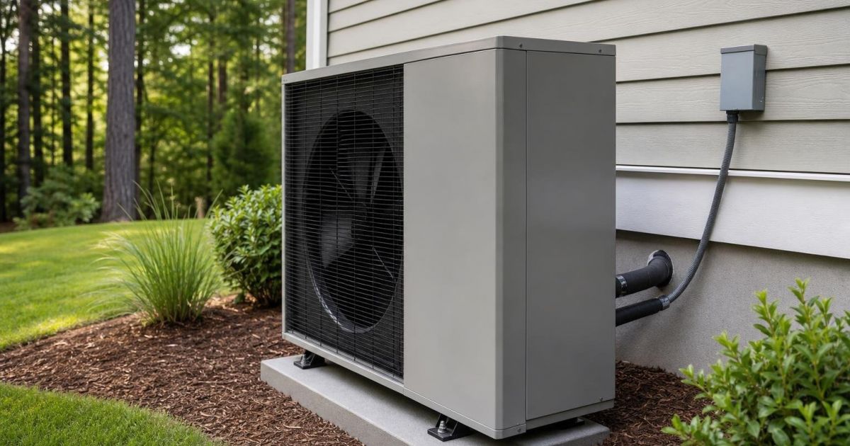 modern heat pump installed outside a residential home