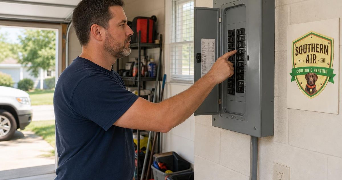 Homeowner checking the circuit breaker panel in a Palatka, Florida garage