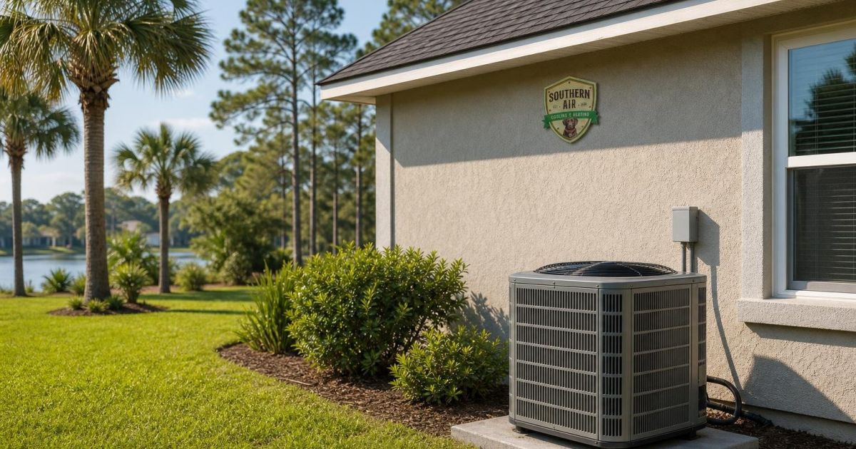 Outdoor AC condenser on a concrete pad beside a single-storey home in Palatka, Florida