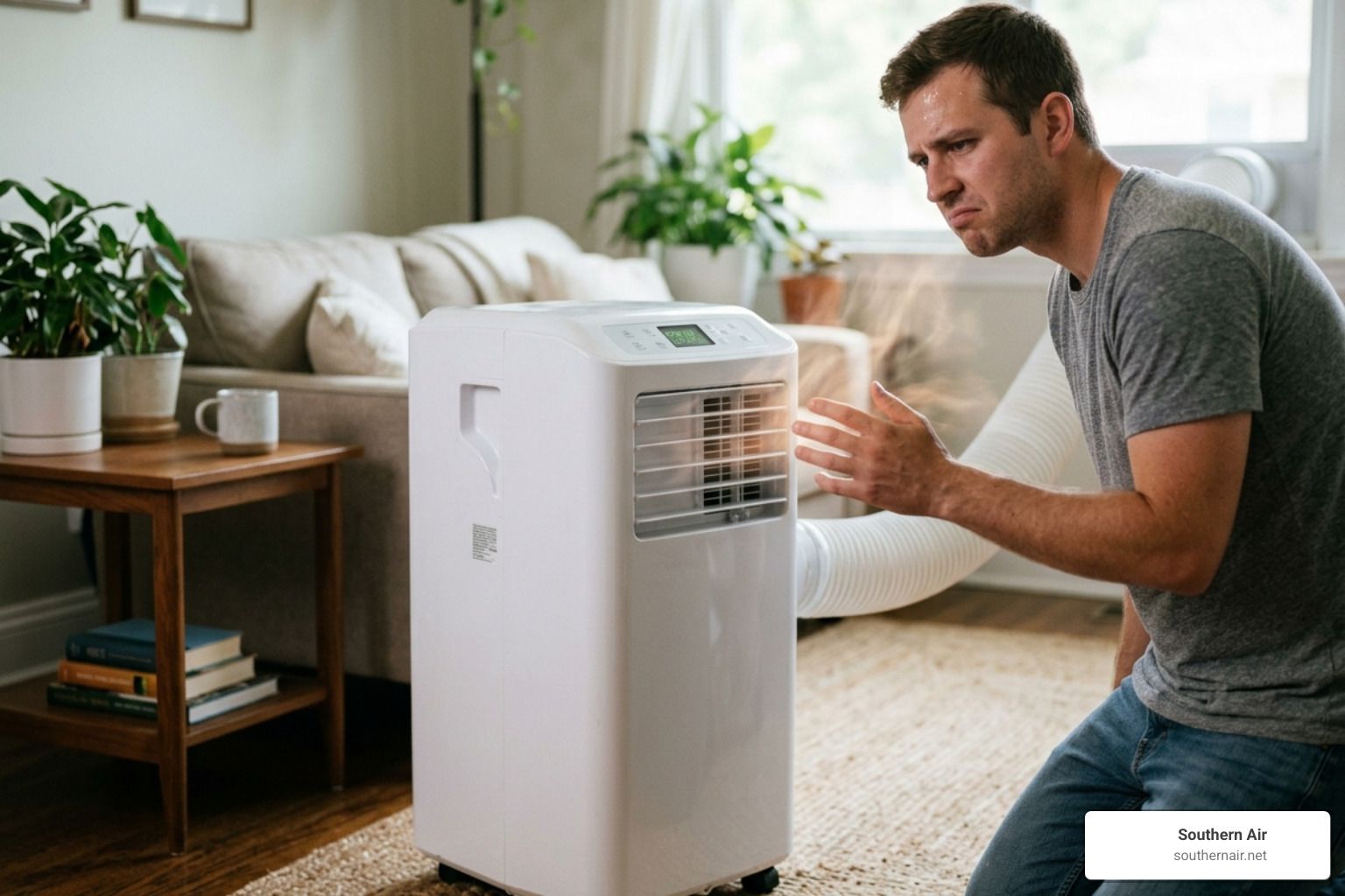 portable AC blowing hot air