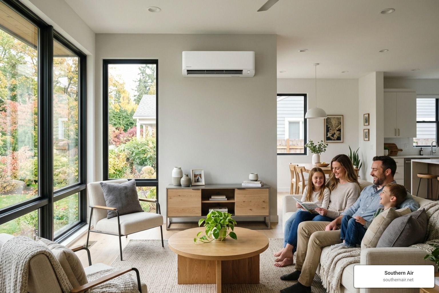 Sleek indoor wall-mounted air handler in a modern living room - ductless mini split hvac