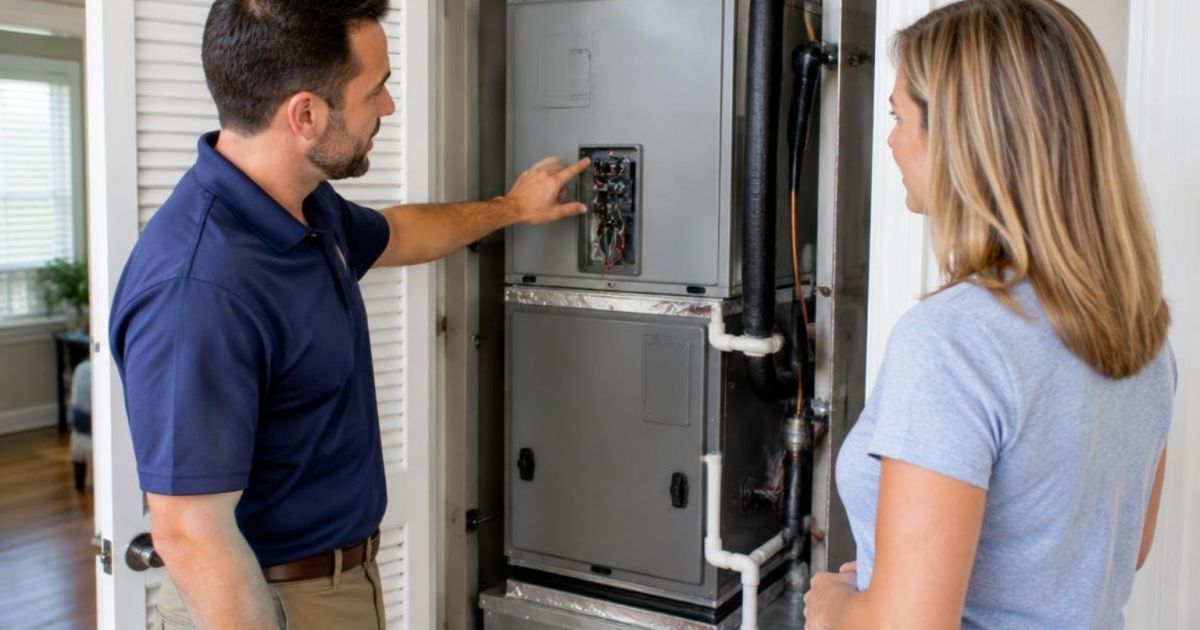 Technician showing a homeowner an indoor air handler and electric heat strip panel in a Florida utility closet