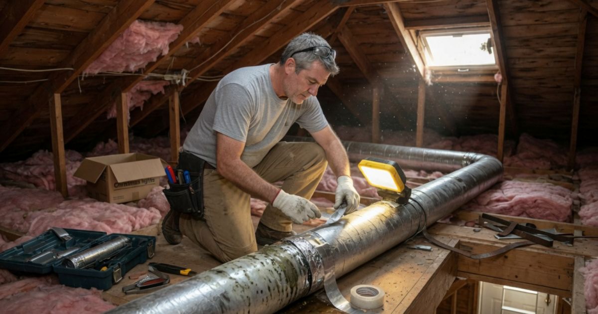 ductwork repair attic homeowner inspecting leaky duct