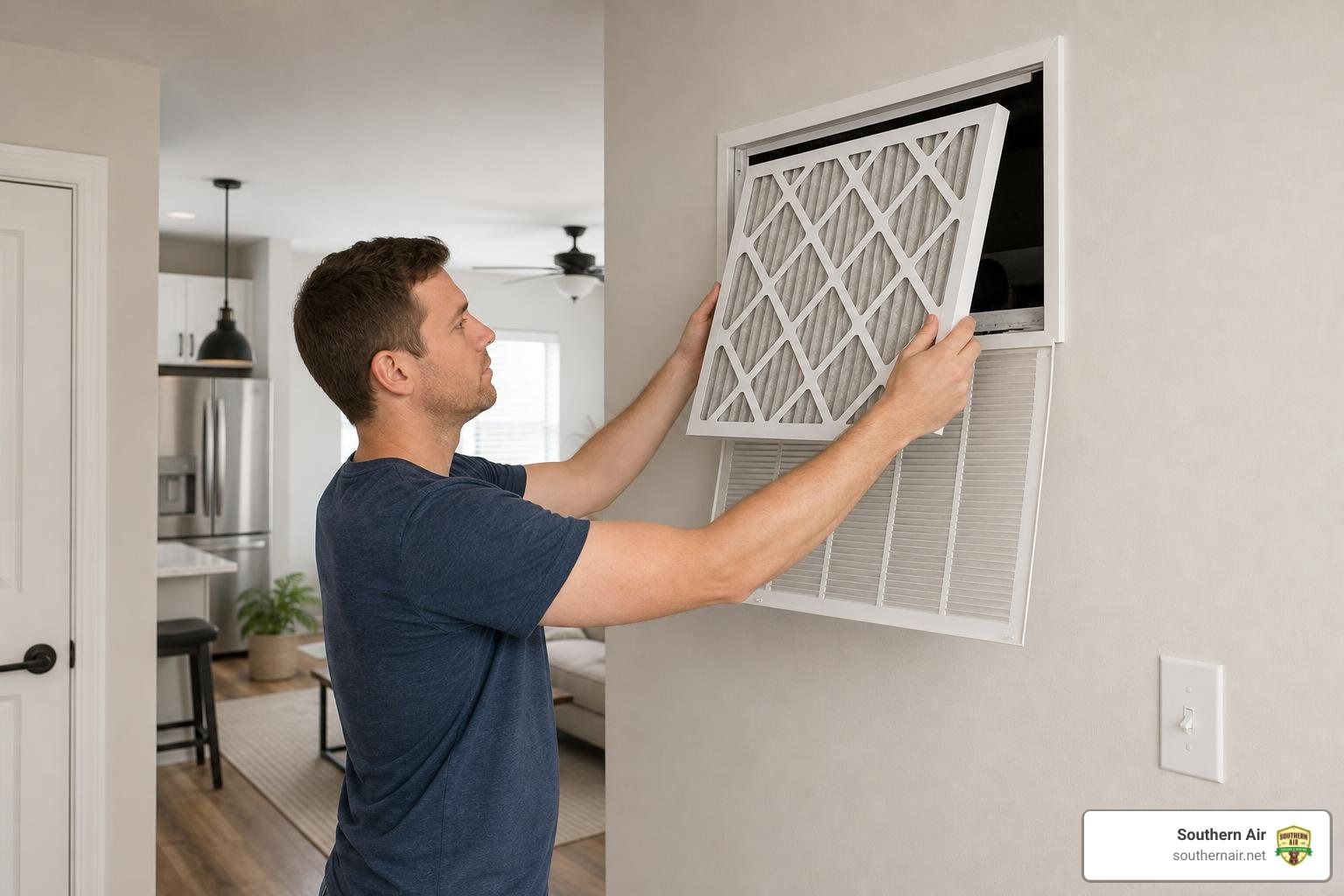 Tenant changing an AC filter in an apartment return grille