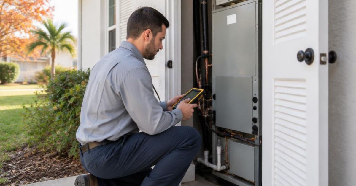 Florida HVAC technician inspecting an indoor air handler during fall