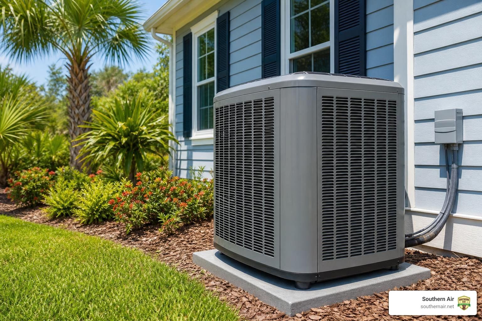 residential outdoor AC condenser unit beside a Florida home in summer
