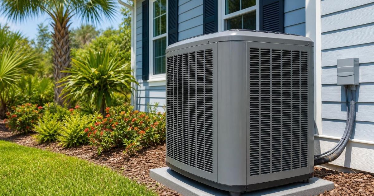 residential outdoor AC condenser unit beside a Florida home in summer