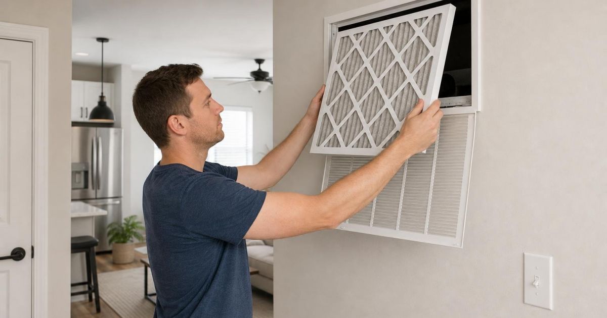 Tenant changing an AC filter in an apartment return grille